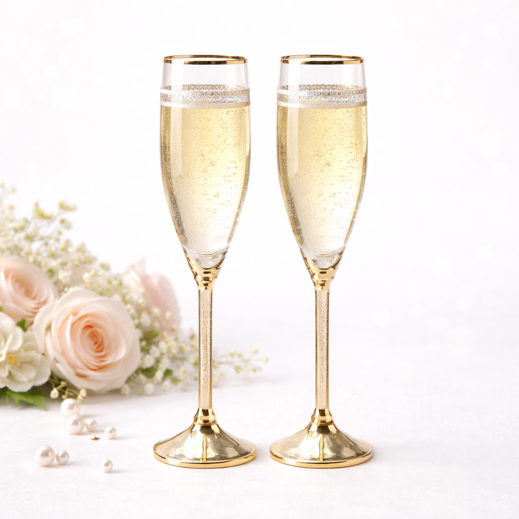 Champagnergläser mit Rosen und Perlen