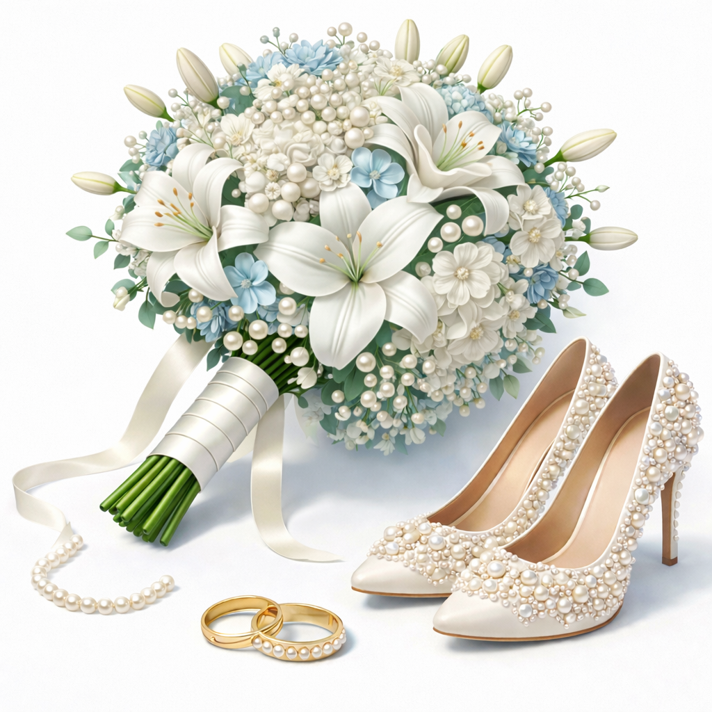 Brautstrauß mit Perlen-Schuhen und Eheringen
